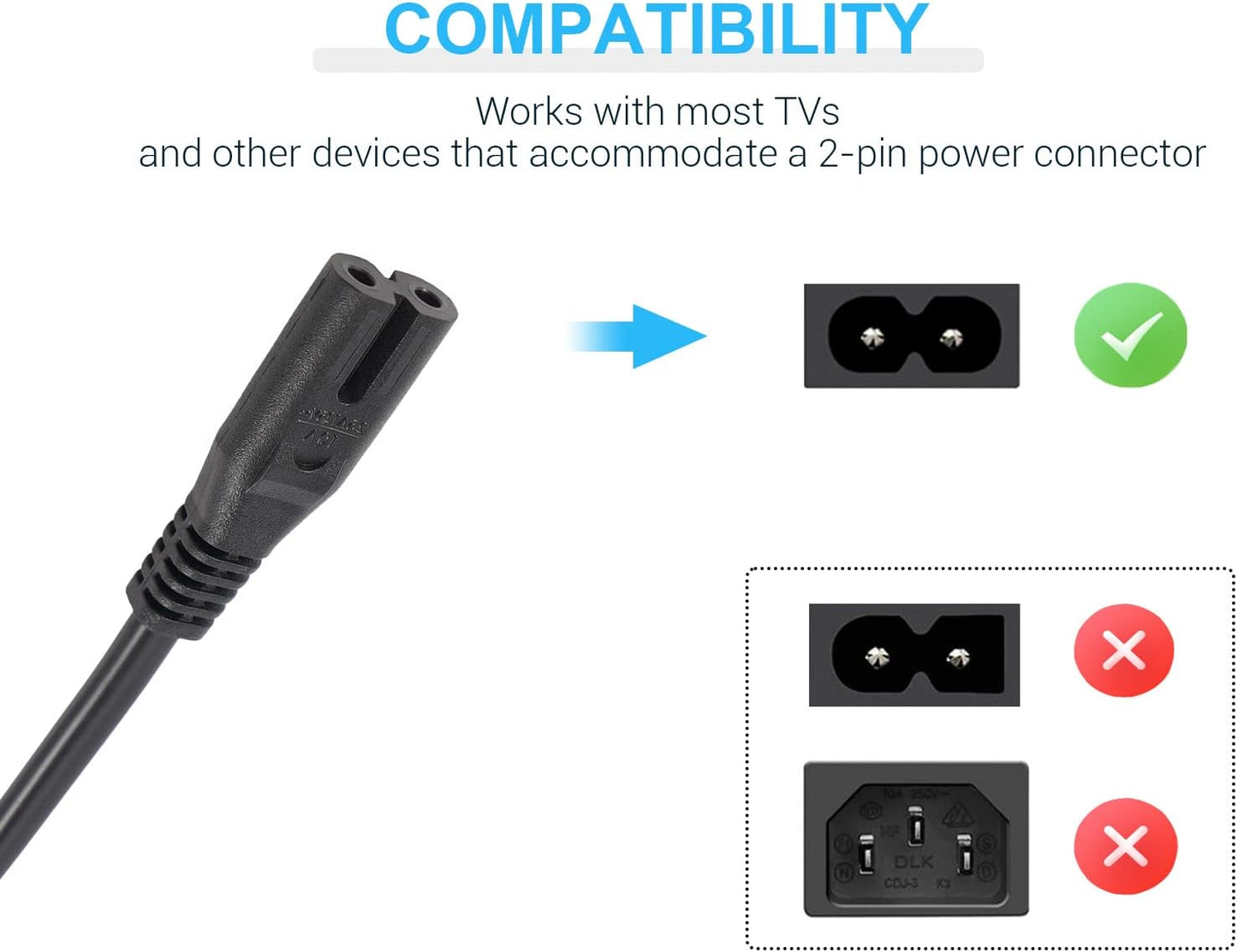 AC Power Cord Compatible Samsung TV, TCL Lg Sony Sharp Insignia Hisense Toshiba TV 6 Feet 2 Prong Power Cable Replacement