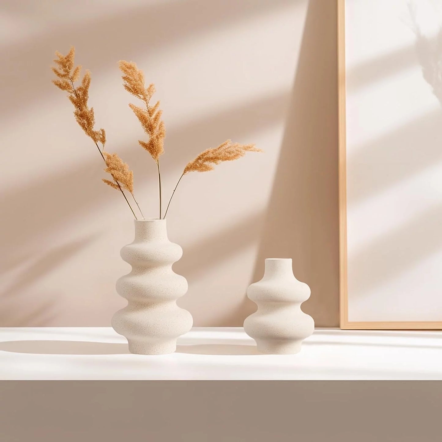 Ceramic Vases Set of 2, Modern Unique Matte Decorative Flower Vase for Home Centerpieces Living Decor, off White Minimalist Nordic Boho Vase for Flower Bouquet, Pampas Grass