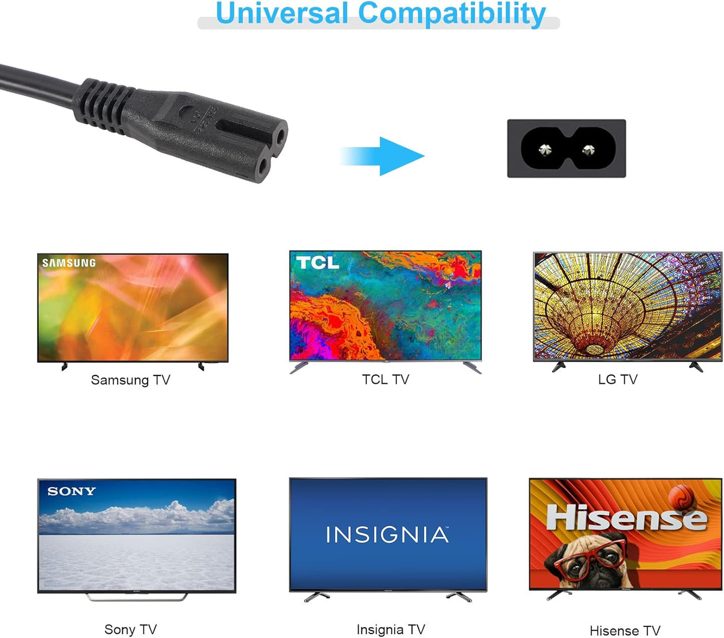 AC Power Cord Compatible Samsung TV, TCL Lg Sony Sharp Insignia Hisense Toshiba TV 6 Feet 2 Prong Power Cable Replacement